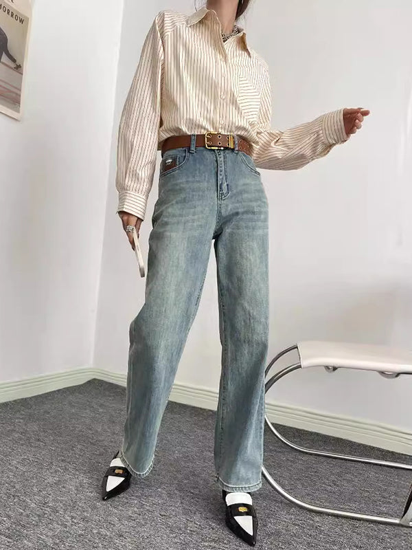 Split-Joint Striped Long Sleeves Loose Lapel Blouses