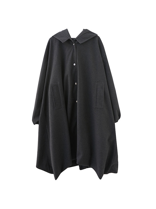 Buttoned Pockets Solid Color High-Low Long Sleeves Hooded Woolen Coat