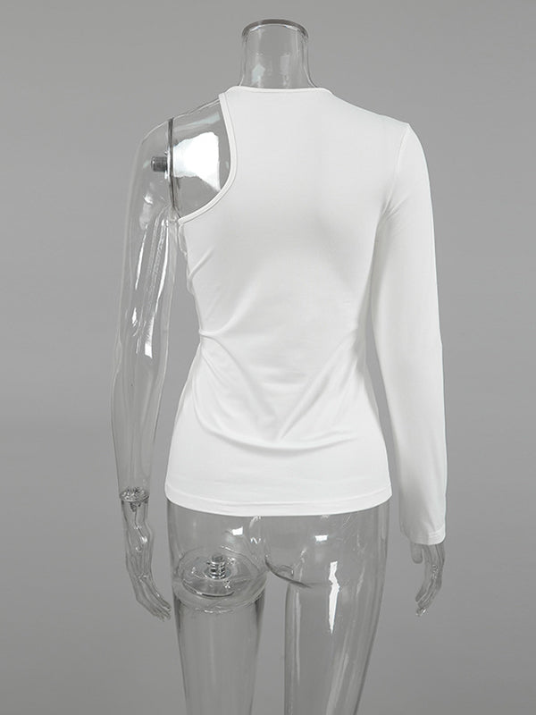 Asymmetric Knot Pleated Solid Color Long Sleeves Skinny Round-Neck T-Shirts Tops