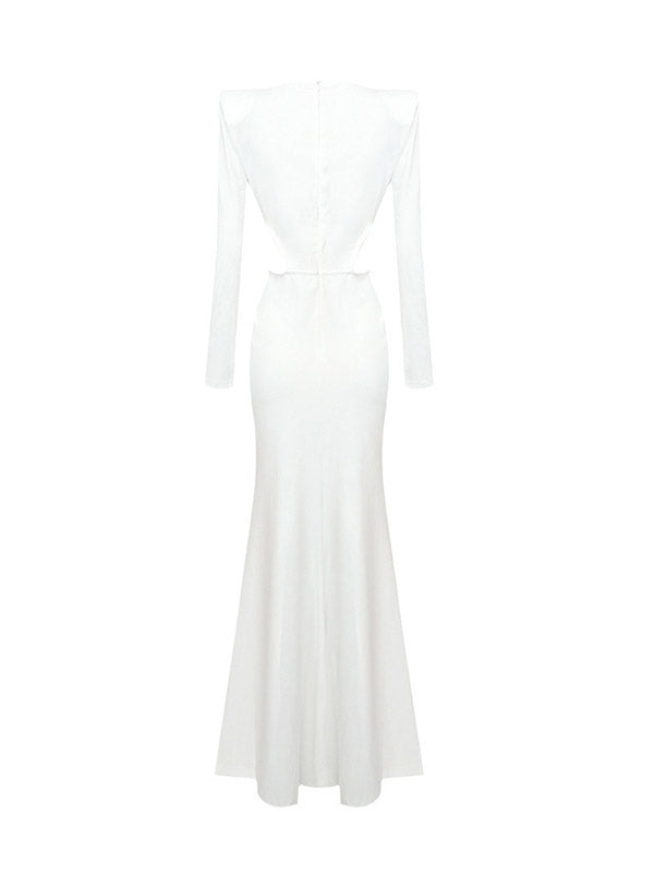 Asymmetric Hollow Pleated Rhine Stones Shoulder Pad Split-Side Long Sleeves Skinny V-Neck Maxi Dresses