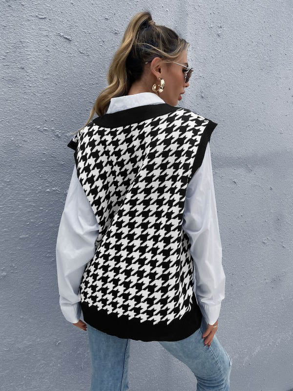 Vintage Loose Houndstooth V-Neck Vest Top