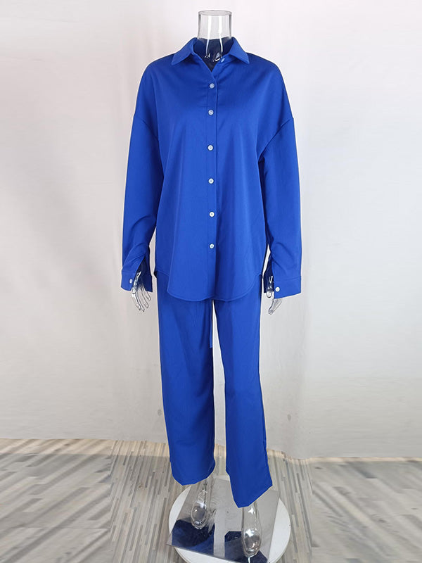 Lapel Long Sleeves Buttoned Pockets Solid Color Shirts Top + Elasticity High Waisted Pants Bottom Two Pieces Set