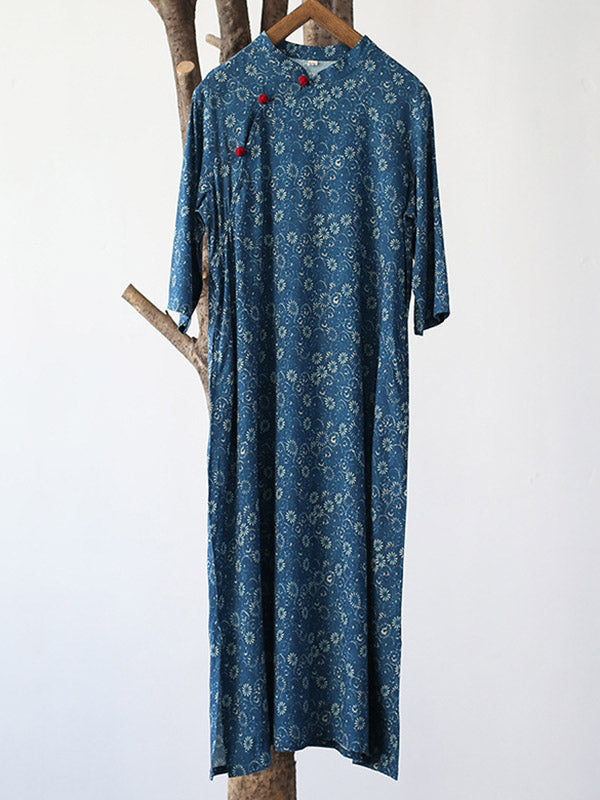 Original Solid Floral Stand Collar Midi Dress