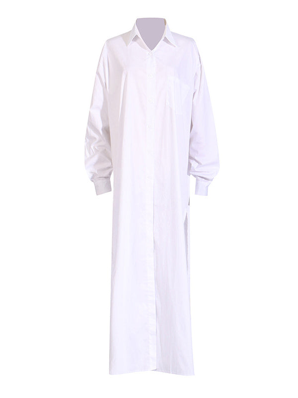 See-Through Solid Color Split-Joint Split-Side Long Sleeves Loose Lapel Shirt Dress Maxi Dresses