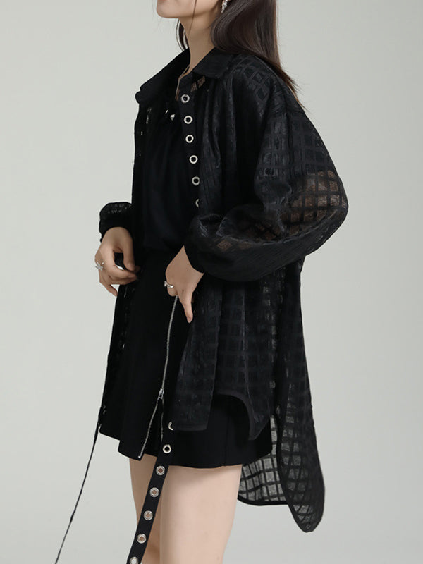 Gauze See-Through High-low Long Sleeves Round-neck Blouses&shirts Tops