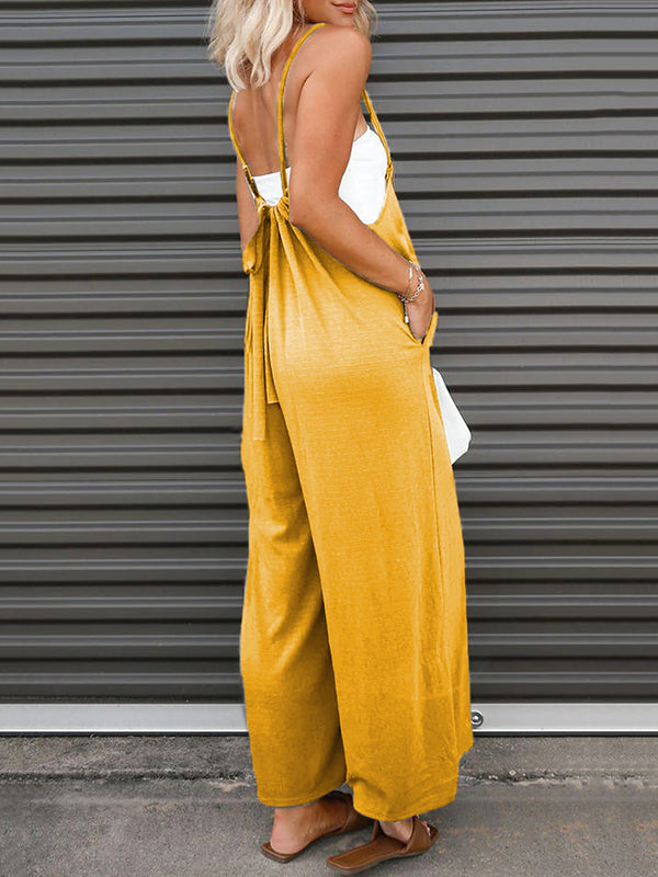 Solid Color Sleeveless Wide Leg Spaghetti-Neck Overalls