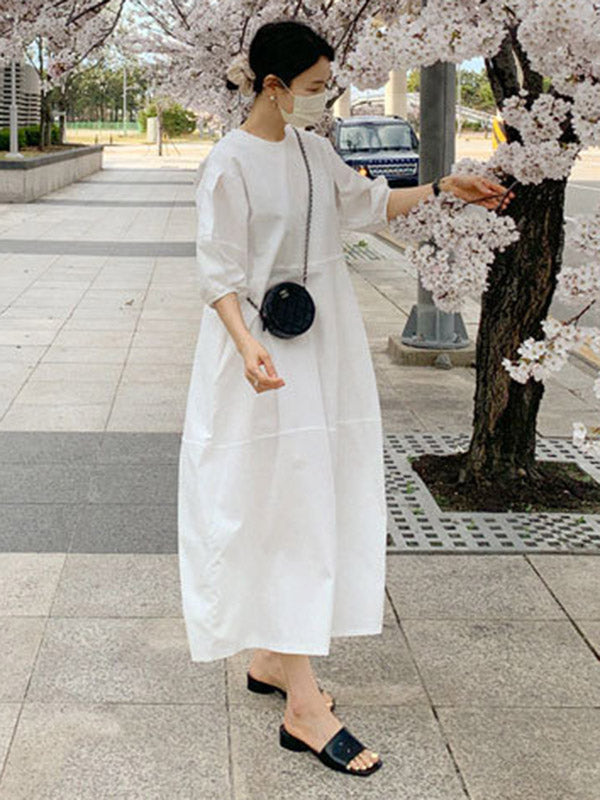 Casual Round-Neck Bishop Sleeve Loose Solid Color Midi Dress