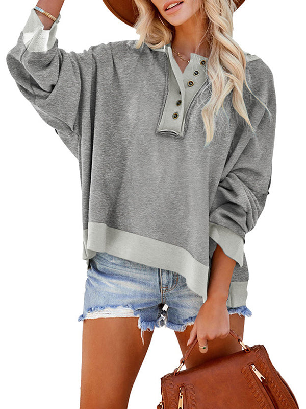Buttoned Split-Joint Velvet Hooded Long Sleeves Sweatshirt Tops