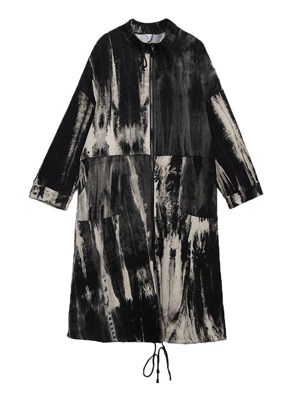 Casual Loose Long Sleeves Drawstring Tie-Dyed Zipper Outerwear