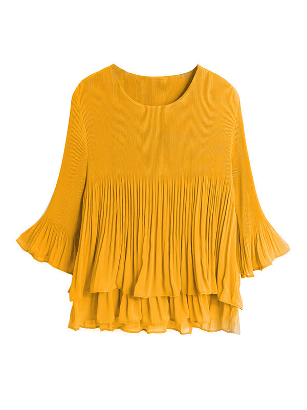 Original Loose Solid Color Pleated Falbala T-Shirt Top