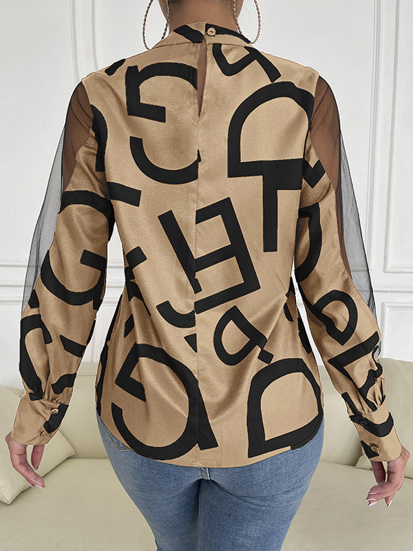 Buttoned Hollow Letter Print See-Through Split-Joint Long Sleeves Round-neck Shirts Tops Blouses&shirts Tops