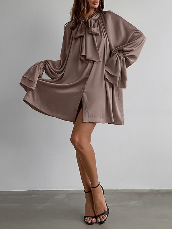 Buttoned Elasticity Pleated Solid Color Tied Zipper A-Line Flared Sleeves Stand Collar Mini Dresses