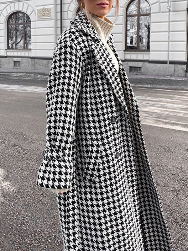 Houndstooth Split-back Split-Joint Tied Waist Long Sleeves Loose Lapel Trench Coats