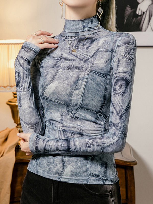 Printed Long Sleeves Plus Size High Neck T-Shirts Tops