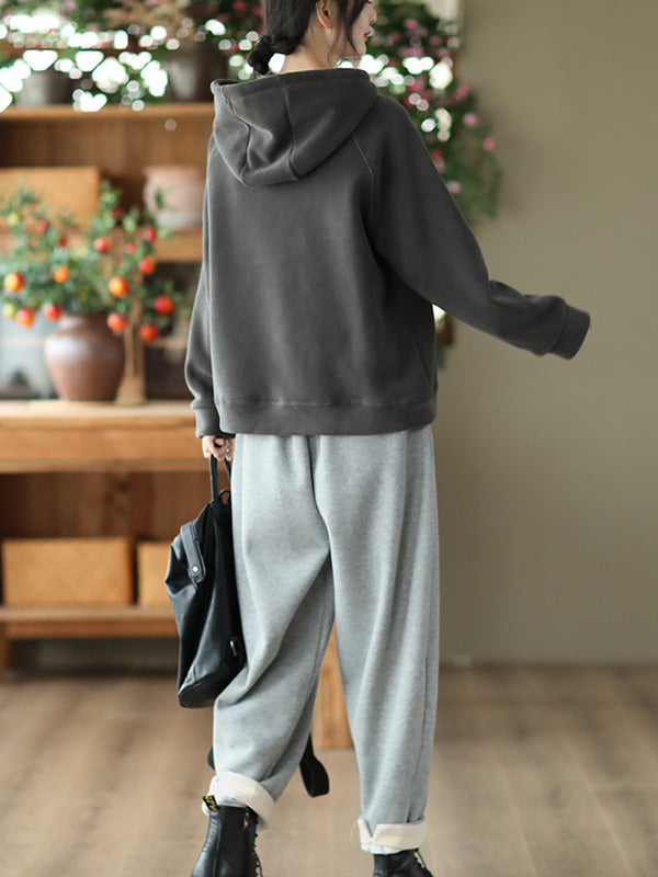 Simple Long Sleeves Loose Velvet Keep Warm Solid Color Hoodies Tops