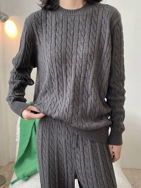 Casual Loose Long Sleeves Jacquard Solid Color Round-Neck Sweater Tops