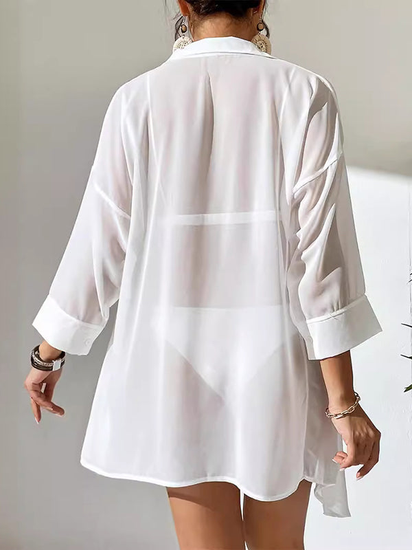 Buttoned See-Through Solid Color Split-Joint Loose Three-Quarter Sleeves Lapel Blouses&Shirts Tops
