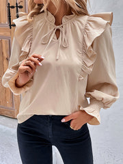 Drawstring Falbala Solid Color Long Sleeves Puff Sleeves Blouses