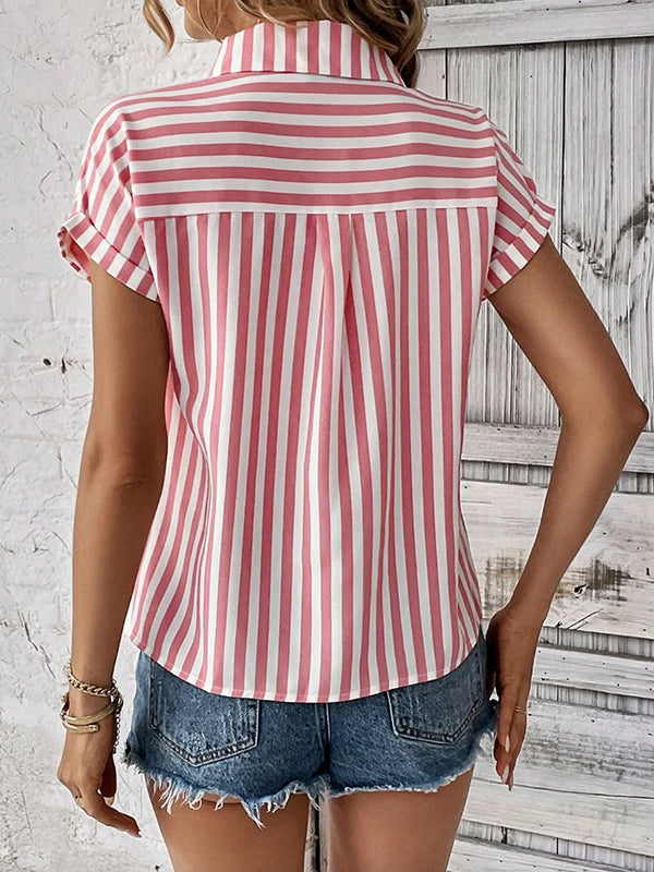 Contrast Color Split-Joint Striped Patterns Loose Short Sleeves Lapel Blouses&Shirts Tops