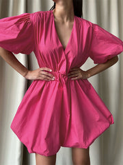 Pleated Solid Color Split-Joint Loose Puff Sleeves V-Neck Mini Dresses