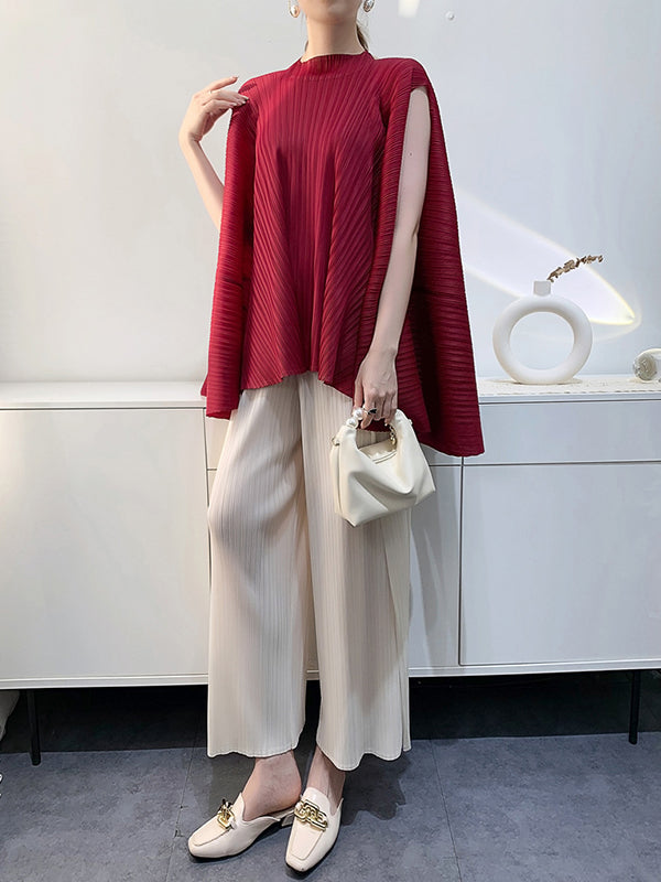 Pleated Solid Color Loose Sleeveless Halter-Neck T-Shirts Tops