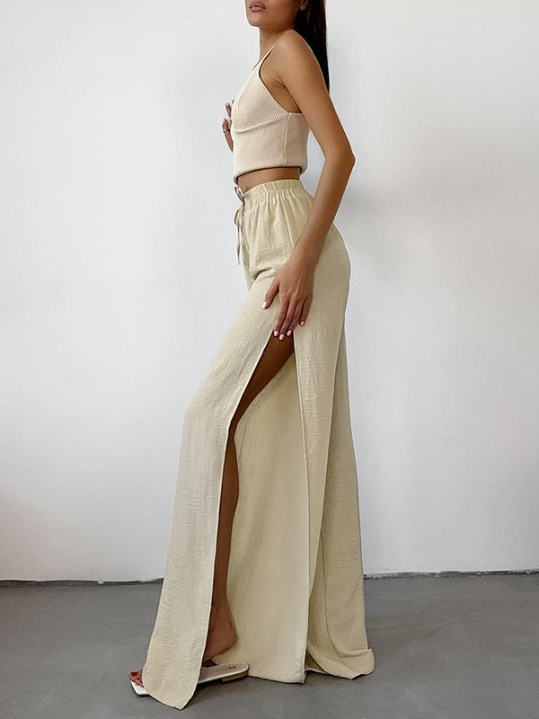 Drawstring Elasticity Solid Color Split-side High Waisted Loose Trousers Pants