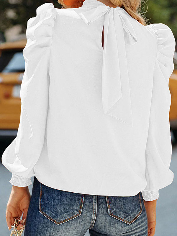 Elasticity Pleated Solid Color Long Sleeves Loose Mock Neck Blouses&shirts Tops