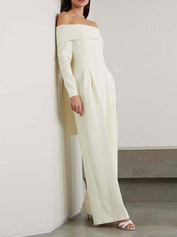 Pleated Solid Color Split-Joint Tied High Waisted Long Sleeves Off-The-Shoulder Jumpsuits