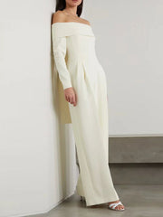 Pleated Solid Color Split-Joint Tied High Waisted Long Sleeves Off-The-Shoulder Jumpsuits