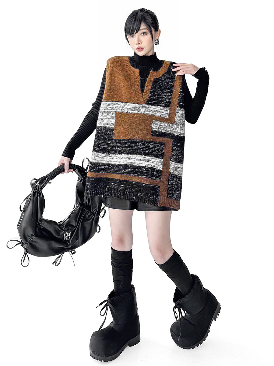 Contrast Color Geometric Split-Joint Striped Loose Sleeveless V-Neck Vest Top Outerwear
