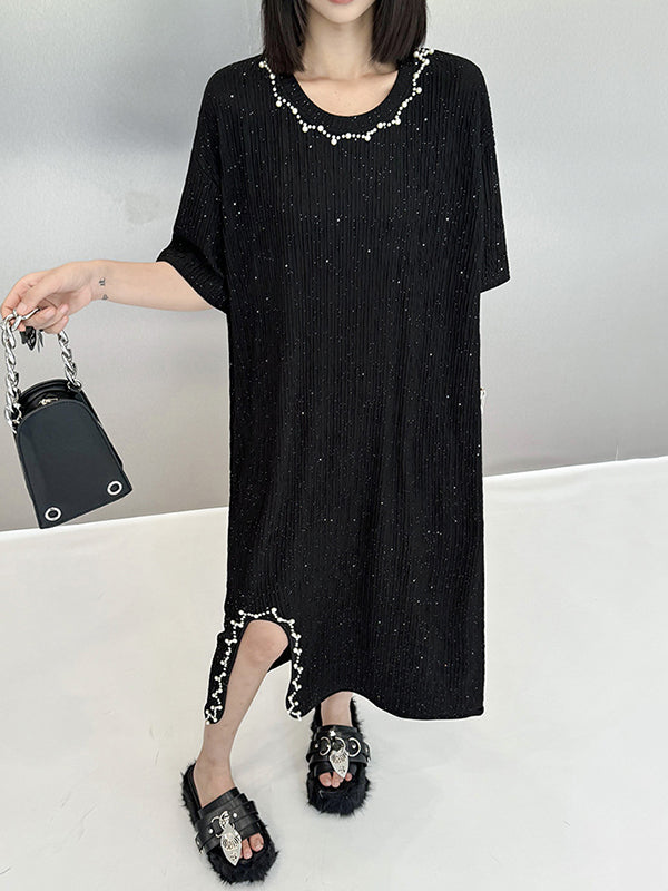 Asymmetric Beaded Shiny Split-Joint Loose Short Sleeves Round-neck Midi Dresses