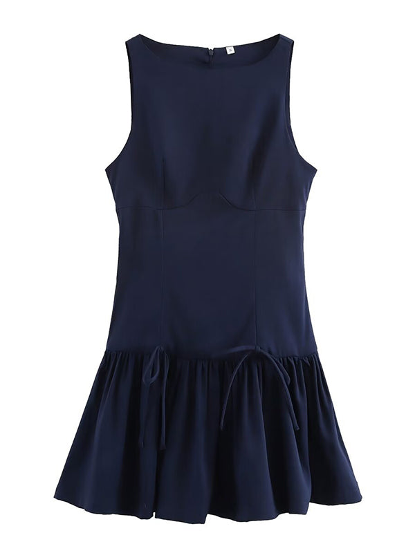 Pleated Solid Color Split-Joint Zipper A-Line Loose Round-Neck Mini Dresses