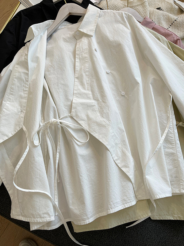 Lace-Up Solid Color Irregular Clipping Long Sleeves Lapel Blouses