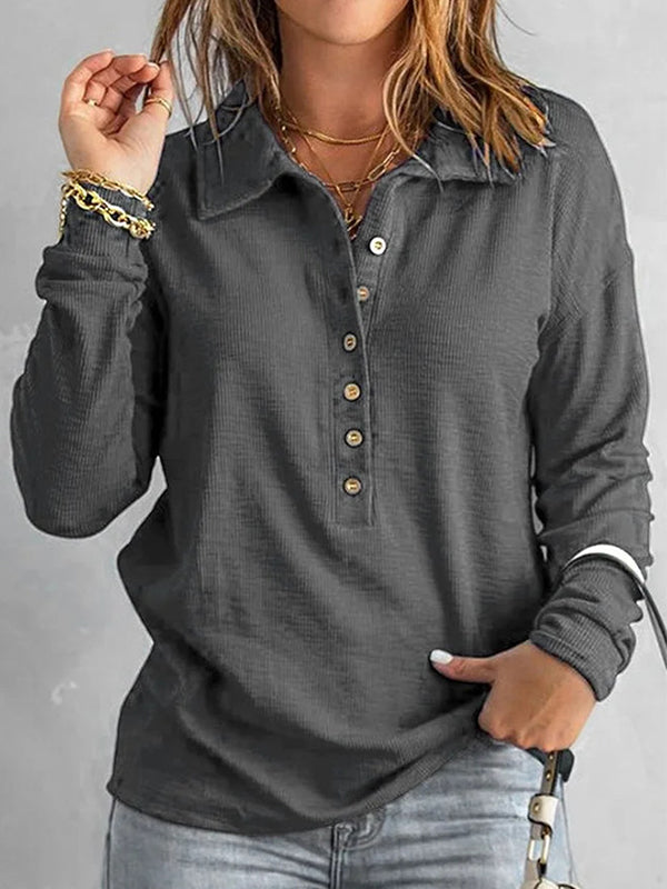 Buttoned Solid Color Split-Joint Long Sleeves Loose Lapel T-Shirts Tops