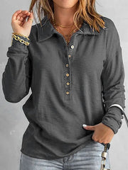 Buttoned Solid Color Split-Joint Long Sleeves Loose Lapel T-Shirts Tops