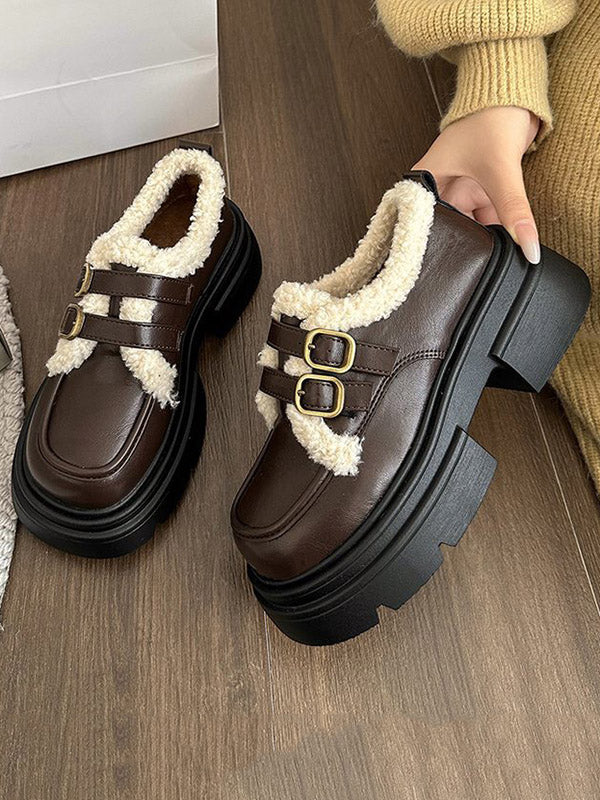 Belt Buckle Round-Toe Split-Joint Velvet Platform Shoes Loafers