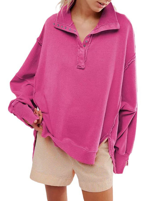 Buttoned Solid Color Split-Front Long Sleeves Loose Lapel Sweatshirt Tops