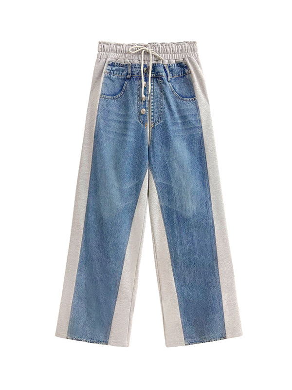 Buttoned Contrast Color Drawstring Elasticity Split-Joint Loose Straight Leg Trousers Pants