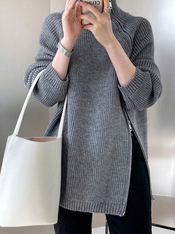 Urban Loose Long Sleeves Split-Side Solid Color Zipper Halter-Neck Sweater Tops