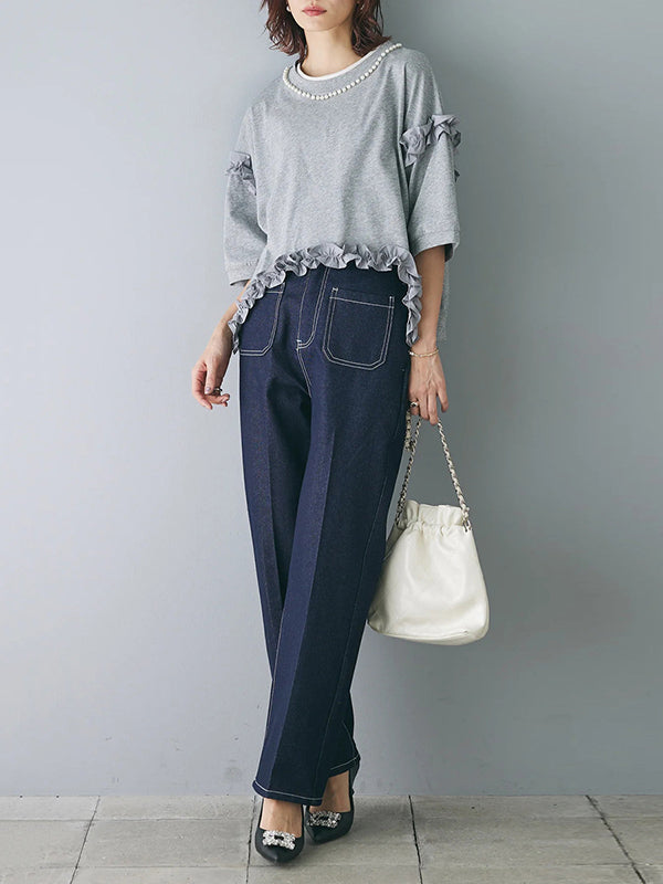 Beaded Ruffled Solid Color Half Sleeves Round-Neck T-Shirts Tops&Pants Two Pieces Set