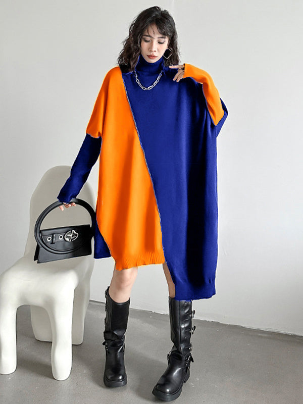 Asymmetric Contrast Color Split-Joint Batwing Sleeves Hipster High-neck Sweater Dresses Midi Dresses