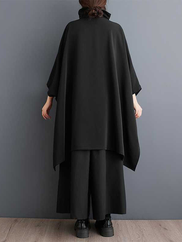 Buttoned Pockets Solid Color Zipper Batwing Sleeves Loose Mock Neck Sweatshirt Tops