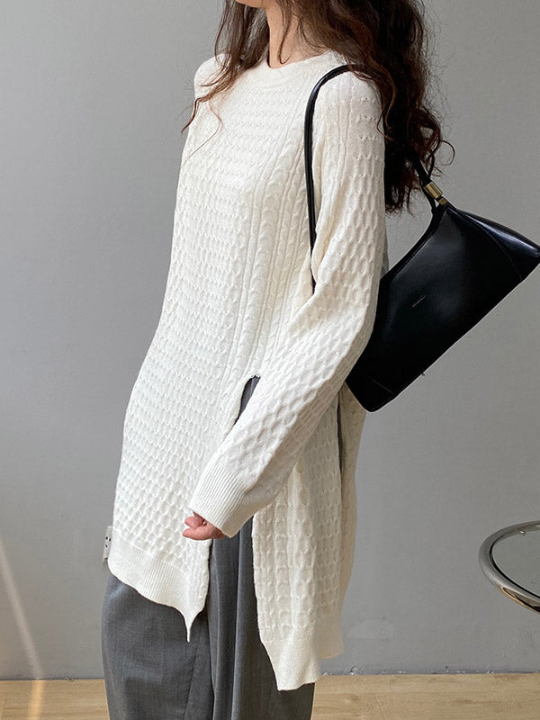 Original Irregular 5 Colors Split-Side Round-Neck Long Sleeves Sweater Top