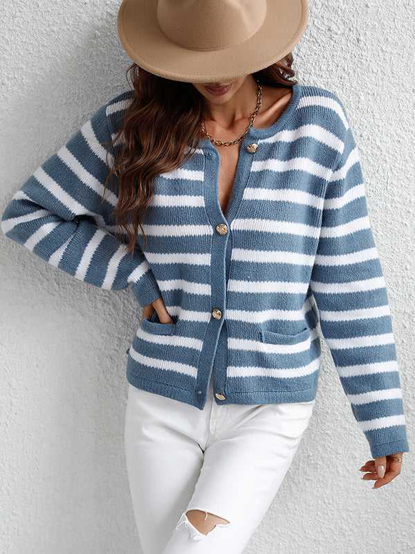 Buttoned Pockets Striped Long Sleeves Loose Round-Neck Cardigan Tops