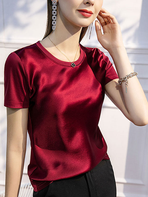 Solid Color Short Sleeves Round-neck T-Shirts Tops