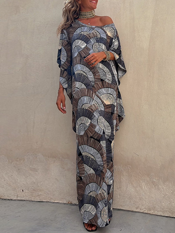 Contrast Color Pleated Printed Batwing Sleeves Maxi Dresses