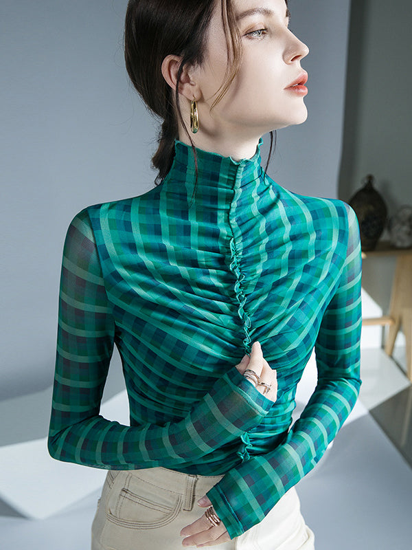 Contrast Color Plaid Pleated Split-Joint Long Sleeves Skinny High-Neck Blouses&Shirts Tops