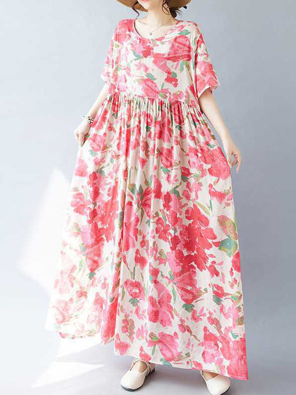 Flower Print Pleated Split-Joint A-line Batwing Sleeves Round-neck Midi Dresses
