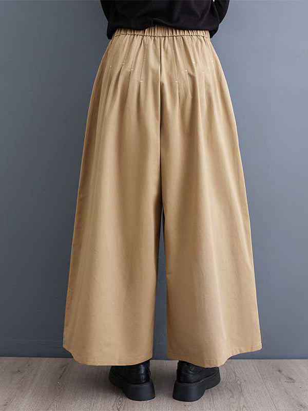 Elasticity Embroidered Pleated Loose Wide Leg Trousers Ninth Pants