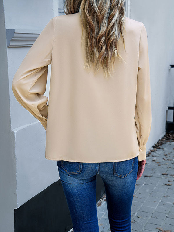 Pleated Solid Color Split-Joint Loose Puff Sleeves Stand Collar Blouses